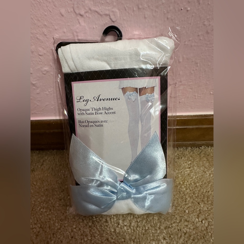 Leg Avenue White Opaque Thigh Highs Blue Satin Bow 90-160 Lbs